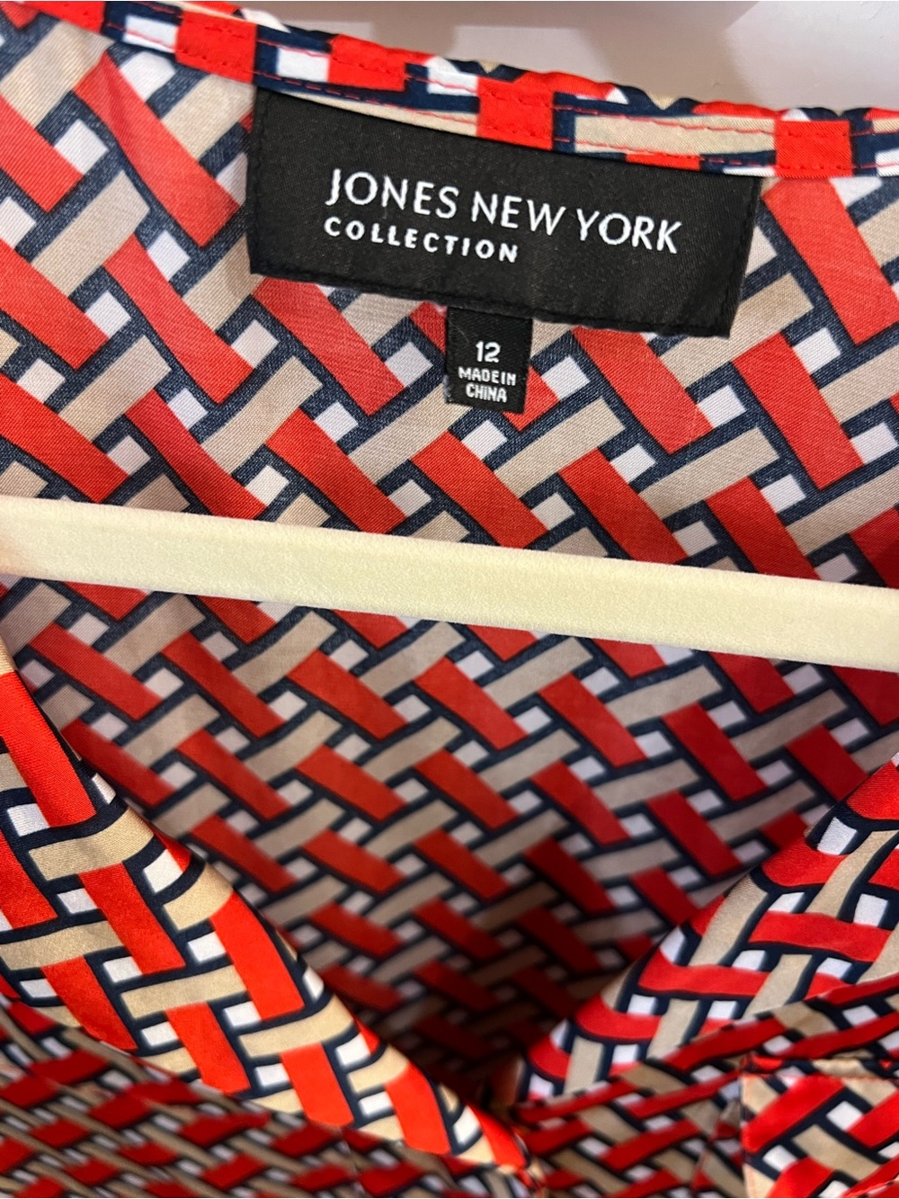 Jones New York Red, Navy & Cream Geometric Blouse - Picture 3 of 4
